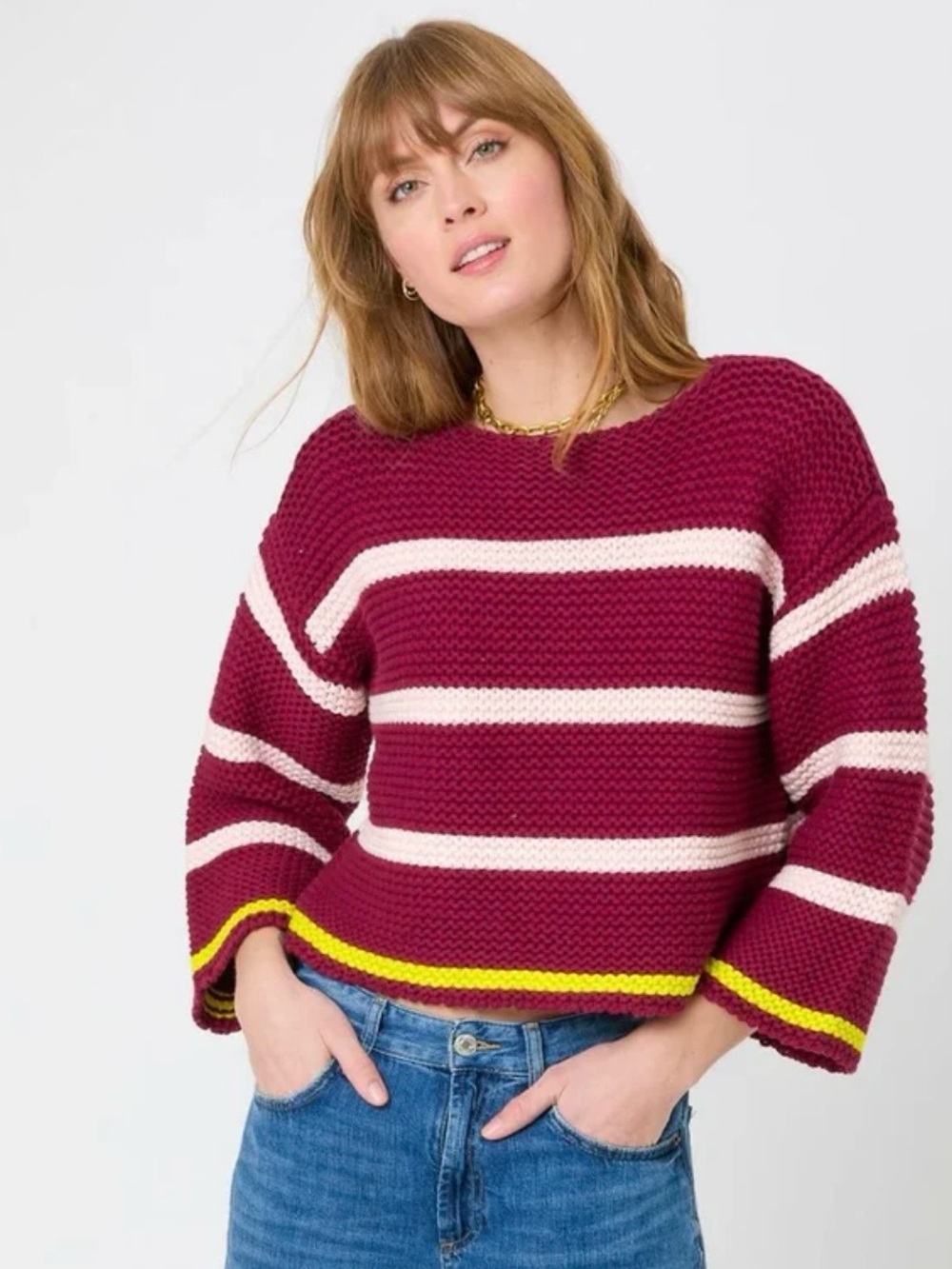 Kerri Rosenthal Kaia Stripe Sweater Burgundy Pink Yellow Chunky Knit Medium NWOT